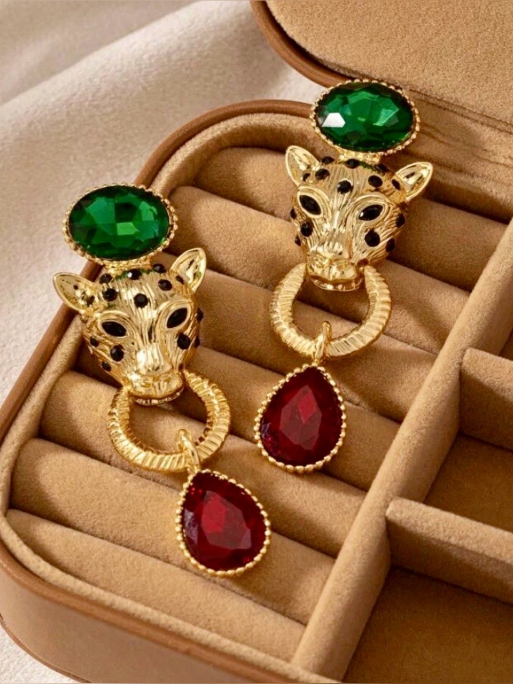 Baroque Gold Leopard Drop Statement Earrings with Green and Red Gemstones NWT - Picture 2 of 4